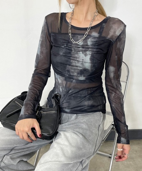 noir keininomiya シアー トップス カットソー 千鳥柄 セール】ムラ切替シアートップス（Tシャツ/カットソー）｜non