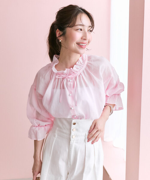 ブラウス シャツ 「愛されエアリーブラウス」シアーリネン混パール釦リボンブラウス レディース La boutique BonBon｜【愛されエアリーブラウス】シアーリネン混