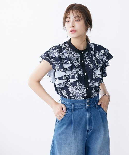 slattgir（スラットジール）の「高身長　花柄フリルブラウス（トールサイズ）（シャツ/ブラウス・レディース・ネイビー系/ホワイト系・TL/TLL/T3L/T4L/T5L/TM）」の10枚目の写真