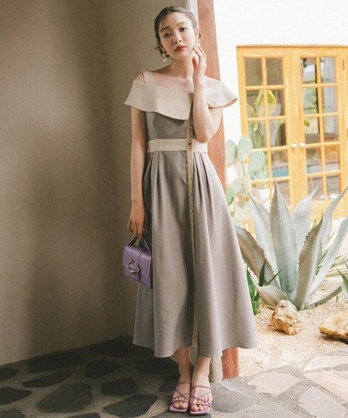 REDYAZEL（レディアゼル）の「バイカラーアシメショルダーワンピース（ワンピース・レディース・ダークグリーン/グレー/ネイビー・FREE）」の2枚目の写真