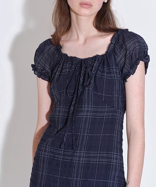 【♡mkm...mam♡】ルイルエブティック　デコラスリーブ シアーチェック柄 パフスリーブ ミディワンピース FQ25L036