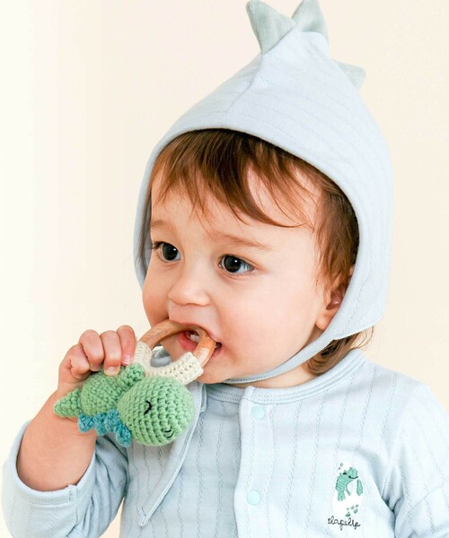 SLAP SLIP BABY(スラップスリップベビー)の「【お揃い】アニマルクマウサギペンギン恐竜すやすやモチーフ編みぐるみ木製歯がためベビー(その他ベビー用品・キッズ・グレー/ピンク/グリーン/ベージュ・FREE)」の4枚目の写真