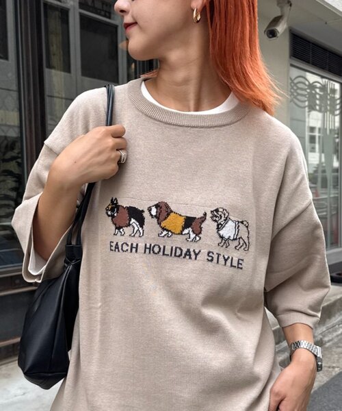 CIAOPANIC TYPY(チャオパニックティピー)の「【ユニセックス】アニマル柄犬サマーニット半袖Tシャツ(Tシャツ/カットソー・レディース・ライトグレー/ホワイト系その他/ネイビー/ベージュ・LARGE/MEDIUM)」の1枚目の写真