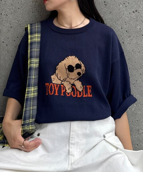 CIAOPANIC TYPY(チャオパニックティピー)の「【ユニセックス】アニマル柄犬サマーニット半袖Tシャツ(Tシャツ/カットソー・レディース・ライトグレー/ホワイト系その他/ネイビー/ベージュ・LARGE/MEDIUM)」の4枚目の写真