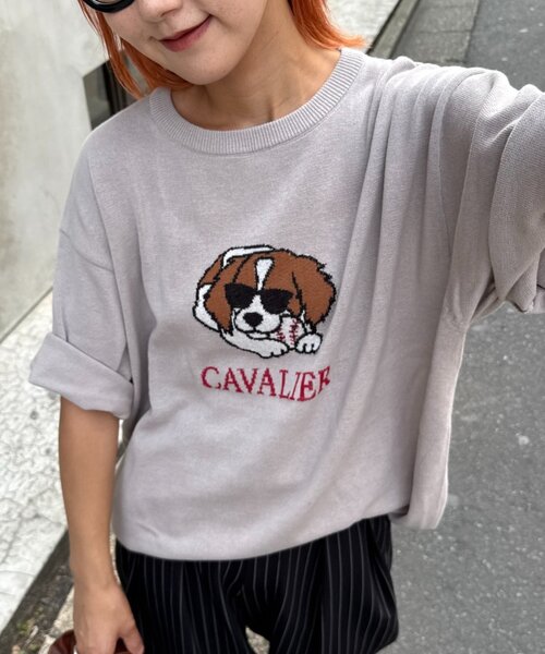 CIAOPANIC TYPY(チャオパニックティピー)の「【ユニセックス】アニマル柄犬サマーニット半袖Tシャツ(Tシャツ/カットソー・レディース・ライトグレー/ホワイト系その他/ネイビー/ベージュ・LARGE/MEDIUM)」の3枚目の写真