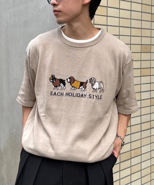 セール】【ユニセックス】アニマル柄犬サマーニット半袖Tシャツ（T
