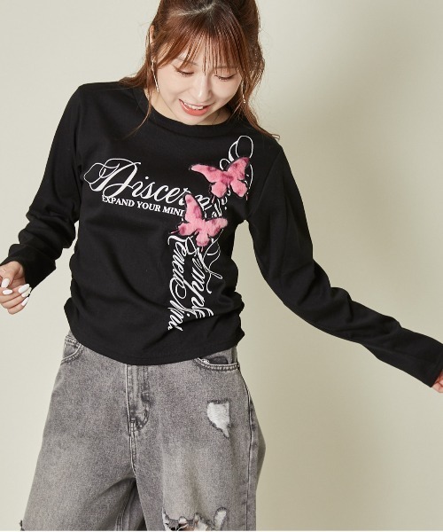 GORGE(ゴージ)の「《フワモコ蝶×シャーリングロゴ》甘辛トップス(Tシャツ/カットソー・レディース・ブラック/オフホワイト・F)」の7枚目の写真