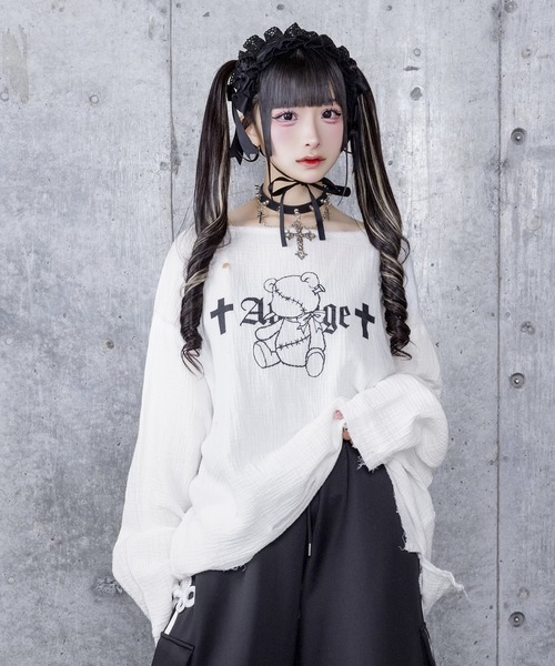 くぎベアプリントダメージガーゼトップス（Tシャツ/カットソー