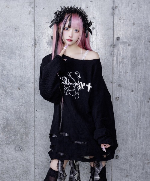 くぎベアプリントダメージガーゼトップス（Tシャツ/カットソー