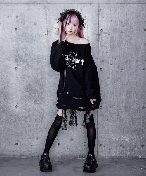 Amilige(アミリージュ)の「くぎベアプリントダメージガーゼトップス(Tシャツ/カットソー・レディース・ブラック/ホワイト・FREE)」の4枚目の写真