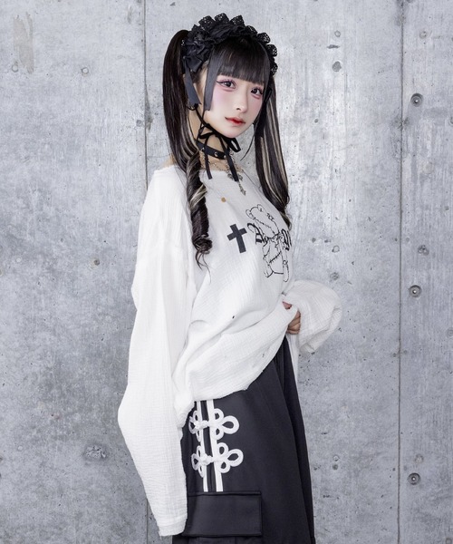 Amilige(アミリージュ)の「くぎベアプリントダメージガーゼトップス(Tシャツ/カットソー・レディース・ブラック/ホワイト・FREE)」の6枚目の写真