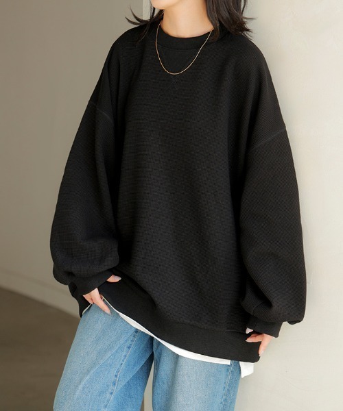 HUG.U(ハグユー)の「ワッフルスウェットプルオーバー(Tシャツ/カットソー・レディース・ブラック/カーキ/ダークブラウン/ダークネイビー/アイボリー/ピンク・FREE)」の22枚目の写真