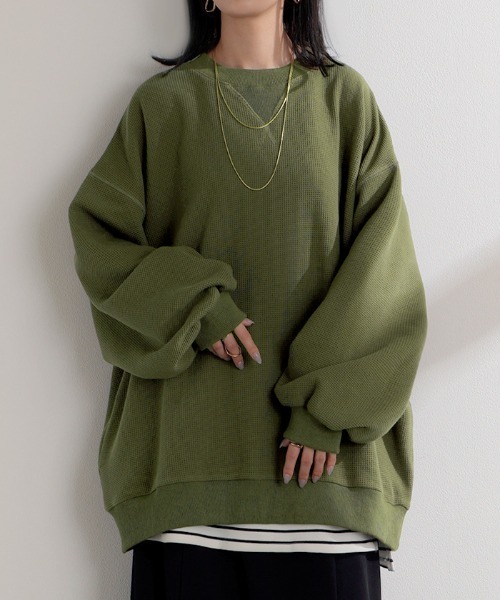 HUG.U(ハグユー)の「ワッフルスウェットプルオーバー(Tシャツ/カットソー・レディース・ブラック/カーキ/ダークブラウン/ダークネイビー/アイボリー/ピンク・FREE)」の13枚目の写真