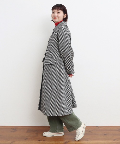 Dot&Stripes CHILD WOMAN(ドットアンドストライプス チャイルドウーマン)の「ウールギンガムフレアコート(ステンカラーコート・レディース・ブラック・FREE)」の4枚目の写真