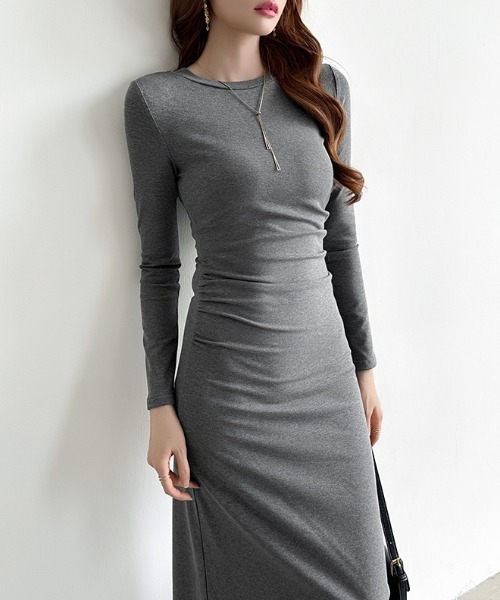 セール】【カラー展開あり】ウエストギャザータイトワンピース 長袖