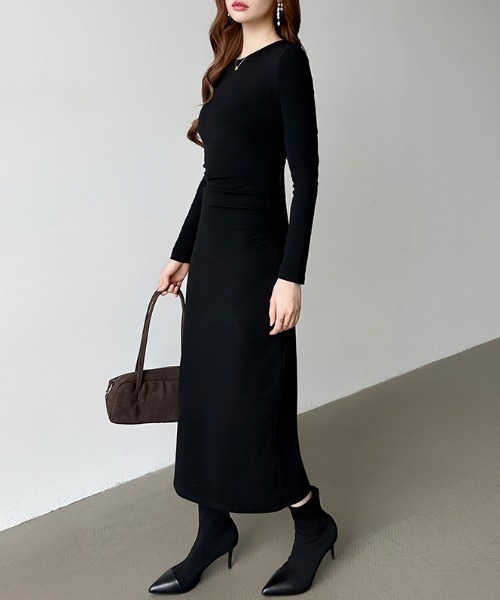セール】【カラー展開あり】ウエストギャザータイトワンピース 長袖