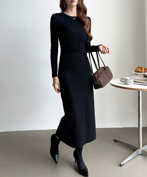 セール】【カラー展開あり】ウエストギャザータイトワンピース 長袖