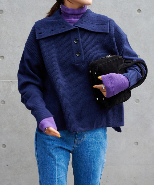 everyonニット　ネイビー セール】ワイドカラーニットプルオーバー（ニット/セーター）｜OUTDOOR