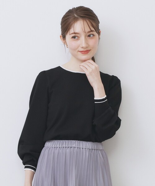 セール】バイカラーパフスリーブニット【洗濯機OK】（ニット/セーター