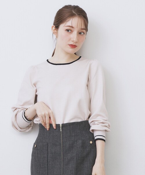 セール】バイカラーパフスリーブニット【洗濯機OK】（ニット/セーター