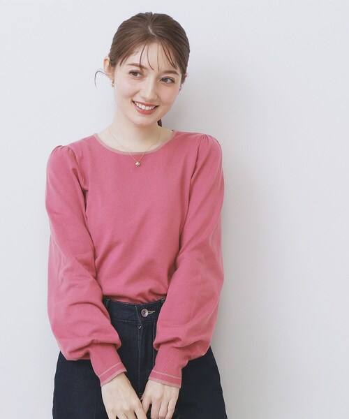 セール】バイカラーパフスリーブニット【洗濯機OK】（ニット/セーター