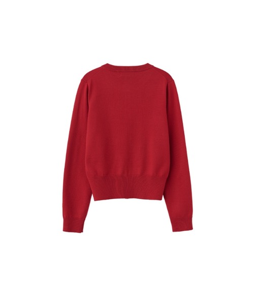 赤色 長袖カーディガン essential crew neck cardigan ロゴ入りラウンドネック長袖