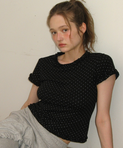 セール】NECK RUFFLE SHORT SLEEVE T SHIRT BLACK DOT（Tシャツ 