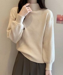 韓国風リブニットトップスハイネックニット