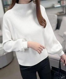 韓国風リブニットトップスハイネックニット