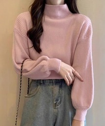 韓国風リブニットトップスハイネックニット
