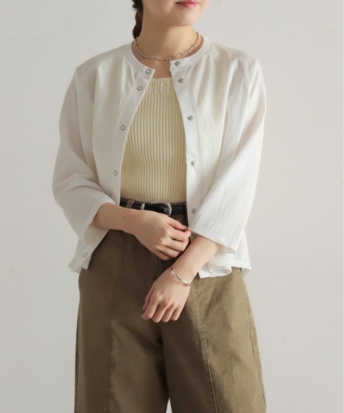NOMBRE IMPAIR（ノンブルアンペール）の「綿ナイロンシアーテレコ　カットカーデ（カーディガン/ボレロ・レディース・グリーン/ホワイト・FREE）」の13枚目の写真