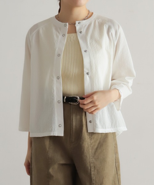 NOMBRE IMPAIR（ノンブルアンペール）の「綿ナイロンシアーテレコ　カットカーデ（カーディガン/ボレロ・レディース・グリーン/ホワイト・FREE）」の7枚目の写真