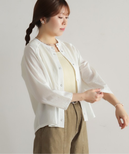 NOMBRE IMPAIR（ノンブルアンペール）の「綿ナイロンシアーテレコ　カットカーデ（カーディガン/ボレロ・レディース・グリーン/ホワイト・FREE）」の8枚目の写真