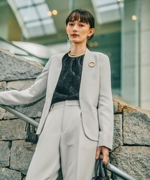 ノーカラージャケット ベージュ サイズ1 ベージュ】ストレッチジャカード ノーカラージャケット サテン楊柳 お