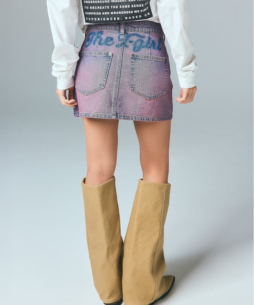 X-girl（エックスガール）の「CURSIVE LOGO DENIM MINI SKIRT（デニムスカート・レディース・ライトインディゴブルー/ピンク・S/M）」の9枚目の写真