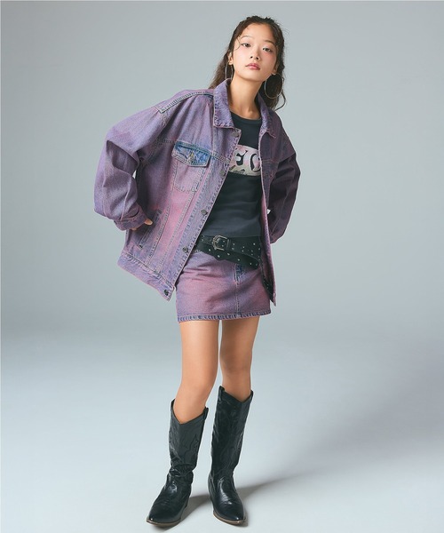 X-girl（エックスガール）の「CURSIVE LOGO DENIM MINI SKIRT（デニムスカート・レディース・ライトインディゴブルー/ピンク・S/M）」の11枚目の写真