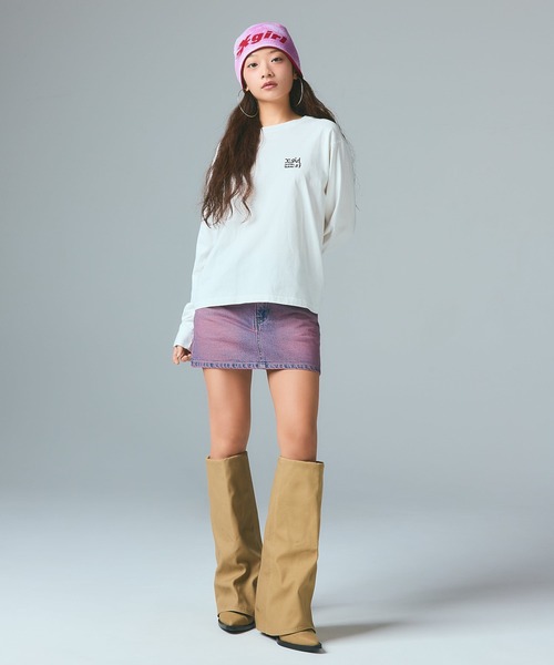 X-girl（エックスガール）の「CURSIVE LOGO DENIM MINI SKIRT（デニムスカート・レディース・ライトインディゴブルー/ピンク・S/M）」の13枚目の写真