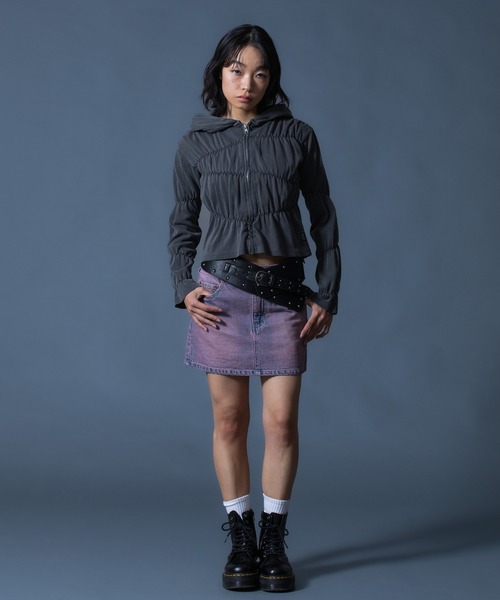 X-girl(エックスガール)の「CURSIVE LOGO DENIM MINI SKIRT(デニムスカート・レディース・ライトインディゴブルー/ピンク・S/M)」の20枚目の写真