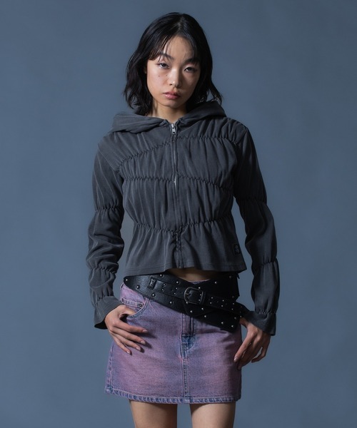 X-girl(エックスガール)の「CURSIVE LOGO DENIM MINI SKIRT(デニムスカート・レディース・ライトインディゴブルー/ピンク・S/M)」の18枚目の写真