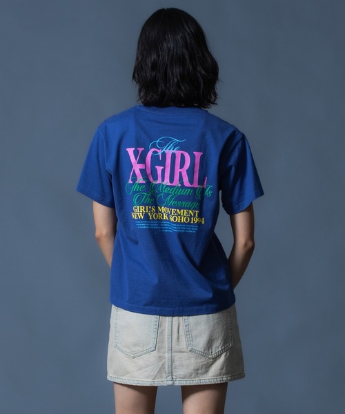 X-girl(エックスガール)の「CURSIVE LOGO DENIM MINI SKIRT(デニムスカート・レディース・ライトインディゴブルー/ピンク・S/M)」の3枚目の写真