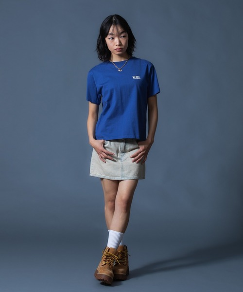 X-girl(エックスガール)の「CURSIVE LOGO DENIM MINI SKIRT(デニムスカート・レディース・ライトインディゴブルー/ピンク・S/M)」の4枚目の写真