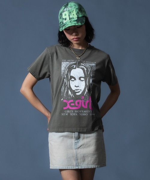 X-girl(エックスガール)の「CURSIVE LOGO DENIM MINI SKIRT(デニムスカート・レディース・ライトインディゴブルー/ピンク・S/M)」の8枚目の写真