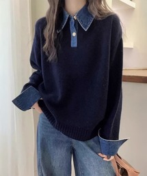 デニム切り替え レイヤード風ニットポロ襟