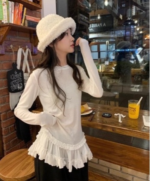 Vini（ヴィニ）の「フリルヘムトップス（Tシャツ/カットソー・レディース・ブラック/ホワイト・MEDIUM）」の5枚目の写真