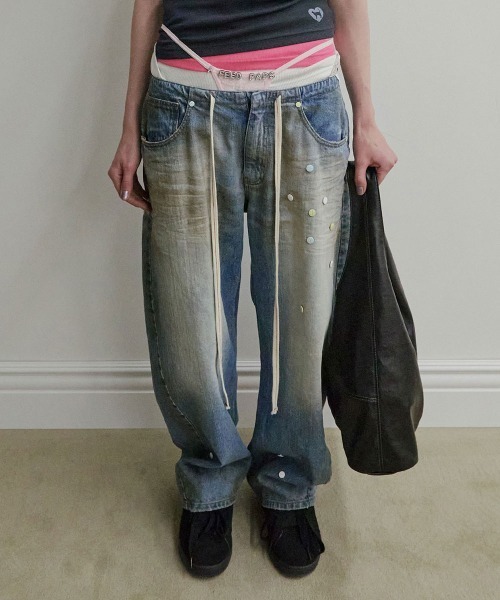 ダークブルー ワイドレッグデニムパンツ SCULPTOR ビーズ Pill Denim Pants（デニムパンツ）｜SCULPTOR（スカルプター）の