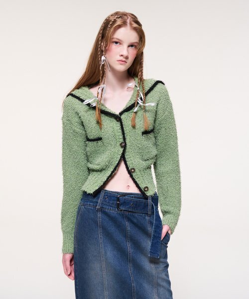 Shawl Sailor Collar Knit Cardigan, Light Green