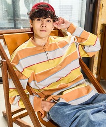 Tシャツ/カットソー（オレンジ/橙色系・ヘンリーネック）ファッション