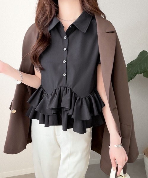 mily bilet（ミウィビレット）の「【mily bilet】360度どこから見ても可愛い！華奢見えが叶う♪無地＆ストライプ襟付き裾ダブルフリルシャツ(半袖)（シャツ/ブラウス・レディース・オフホワイト/ブルー系/ブラック・MEDIUM/SMALL/LARGE/X-LARGE）」の17枚目の写真