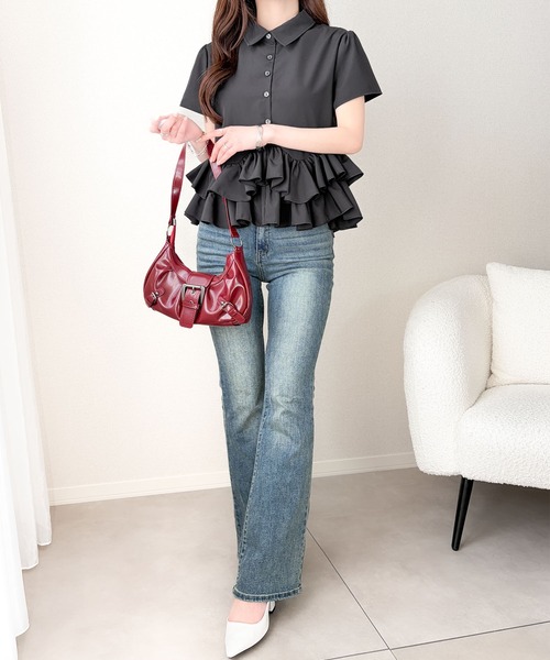 mily bilet（ミウィビレット）の「【mily bilet】360度どこから見ても可愛い！華奢見えが叶う♪無地＆ストライプ襟付き裾ダブルフリルシャツ(半袖)（シャツ/ブラウス・レディース・オフホワイト/ブルー系/ブラック・MEDIUM/SMALL/LARGE/X-LARGE）」の11枚目の写真