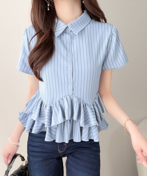 mily bilet（ミウィビレット）の「【mily bilet】360度どこから見ても可愛い！華奢見えが叶う♪無地＆ストライプ襟付き裾ダブルフリルシャツ(半袖)（シャツ/ブラウス・レディース・オフホワイト/ブルー系/ブラック・MEDIUM/SMALL/LARGE/X-LARGE）」の18枚目の写真